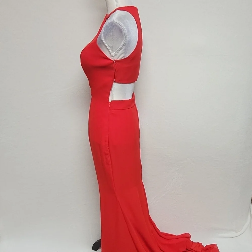 Vegeron Fiery Red Bustier Bust Thigh Slit Backless Halter Maxi Mermaid Dress 2